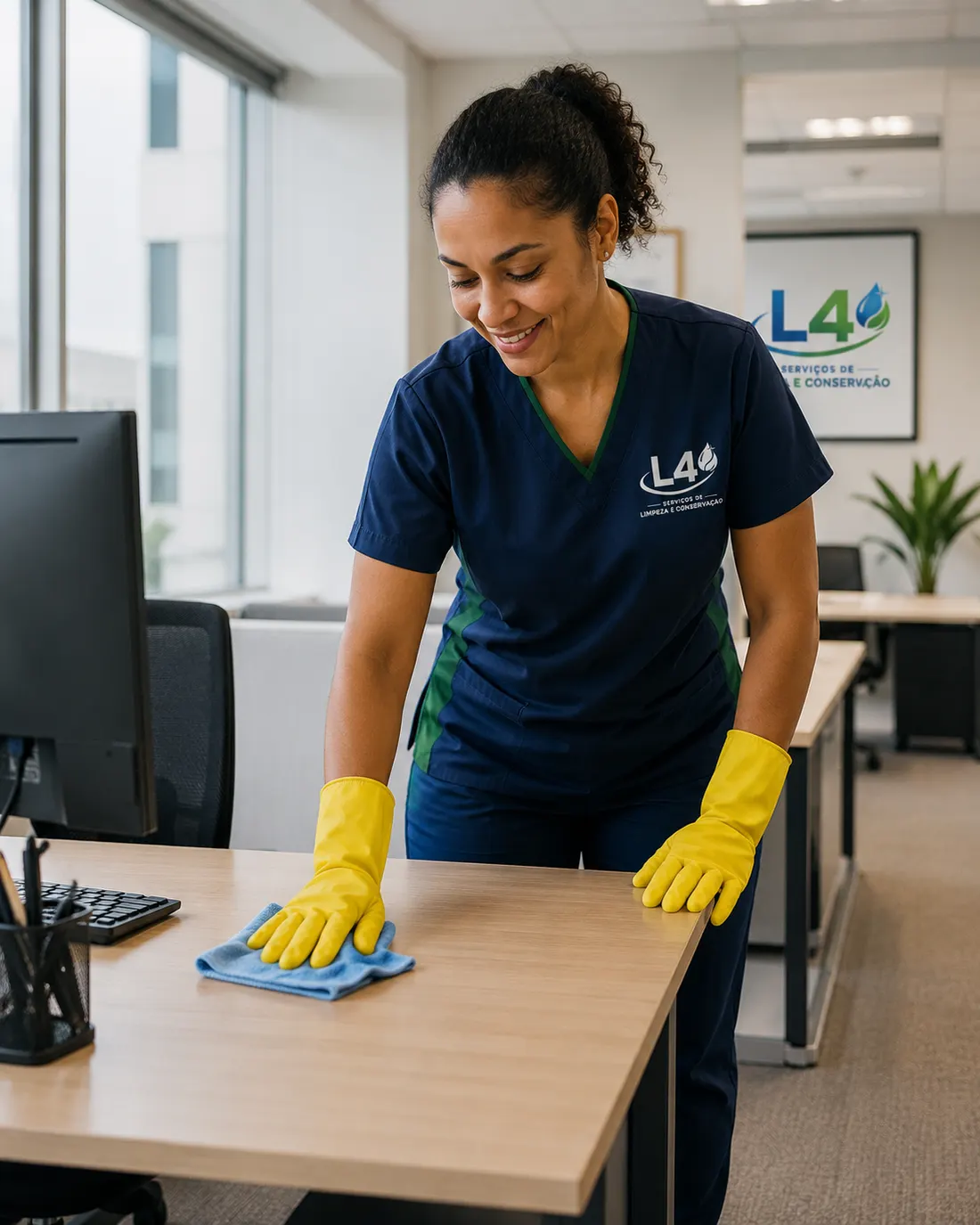 Profissional uniformizada da L4 limpando uma mesa de escritório em Brasília